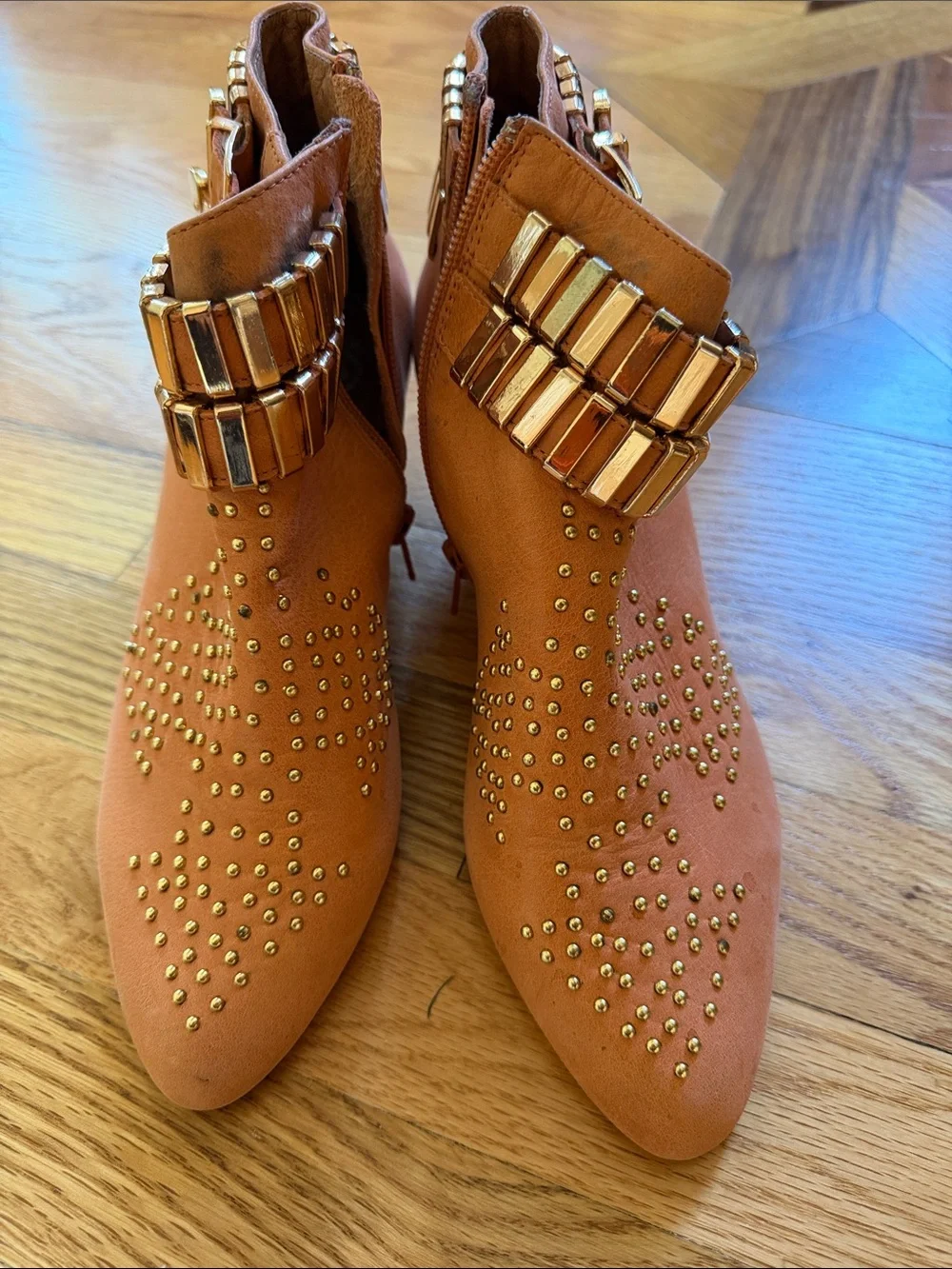 Jeffrey Campbell Rust Suede Ankle Boots with Gold Studs